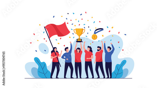 Loving couple sharing a warm embrace while holding a gift box surrounded by floating heart-shaped balloons and small hearts.