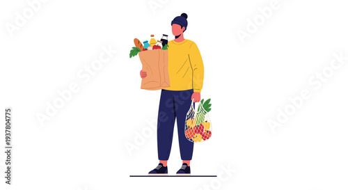 Stylish young person in a beanie and sweater holding a paper bag full of fresh groceries and a reusable mesh bag with fruit.