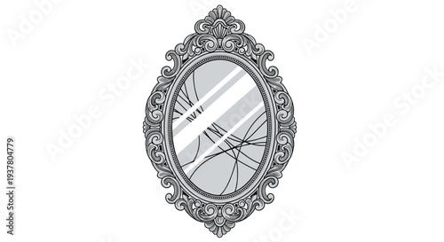 Beautifully ornate, oval-shaped vintage mirror with an intricate, antique silver frame, drawn in a detailed line art style.