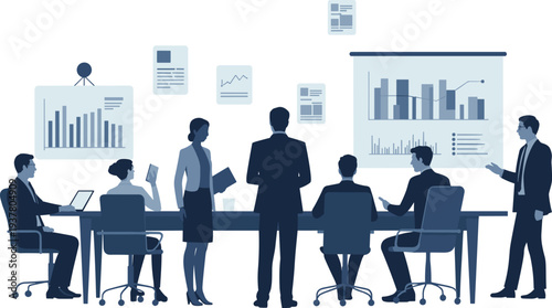Business team meeting presentation, corporate data analysis discussion with charts and graphs in modern office conference room flat vector illustration