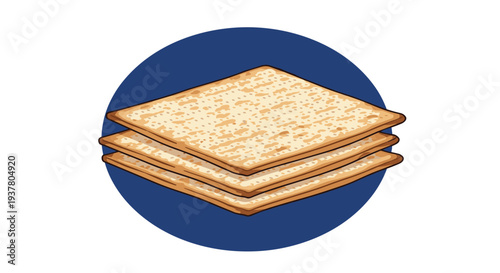 Stack of three traditional matzah crackers, unleavened bread for the Jewish holiday of Passover, isolated in a blue circle.