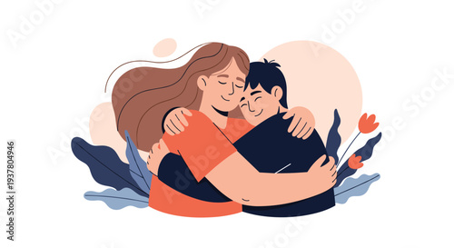 Loving couple or friends sharing a warm and affectionate hug with eyes closed, surrounded by leaves and flowers illustration.