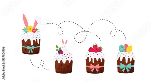 Set of four beautifully decorated traditional Easter cakes with frosting, sprinkles, berries, and festive bunny ear toppers.