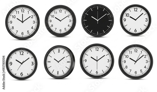 Realistic Black and White Clock Collection Vector Illustration for Time Management Productivity and Office Planning