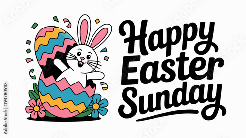 Colorful easter bunny peeking out of decorated egg with flowers and confetti on happy easter sunday