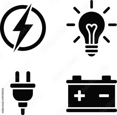 Electricity and energy related icons set on a clean white background for modern technology and power themes
