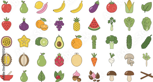 Fresh Fruits and Vegetables Icon Set Featuring Apples, Bananas, Tomatoes, Pineapple, Avocado, Carrots, and MushroomsFresh Fruits and Vegetables Icon Set Featuring 