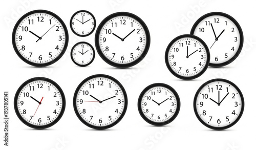 Minimal Black and White Clock Set Realistic Vector Illustration for Time Planning and Office Productivity