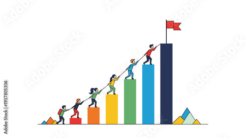 Business team helping each other climb a colorful bar graph representing collective success and reaching corporate goals together as one unit.