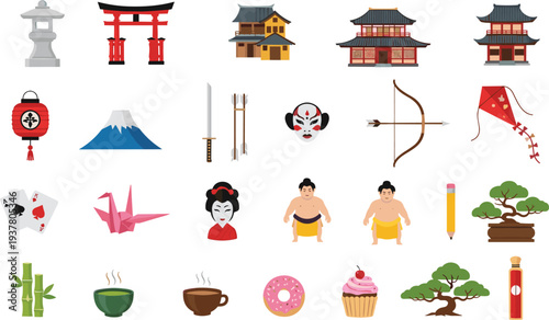Japanese Cultural Icon Set Featuring Mount Fuji, Sumo Wrestlers, Samurai Sword, Lanterns, Bonsai Trees, and Traditional Architecture