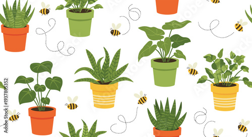 Cute seamless pattern featuring various green potted houseplants, such as succulents and aloe, with happy bees flying around.