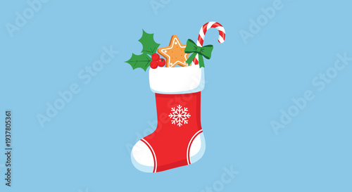 Red Christmas stocking with a snowflake pattern, filled with holiday treats like a gingerbread cookie, candy cane, and holly.