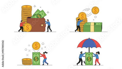 Set of financial concepts showing people managing savings, stacking coins, and protecting wealth under an umbrella for future financial security.