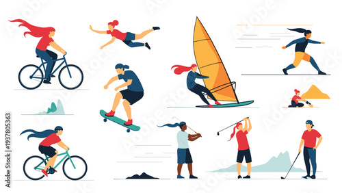 Large collection of diverse people participating in different outdoor sports and physical activities for healthy lifestyle and fitness concepts.