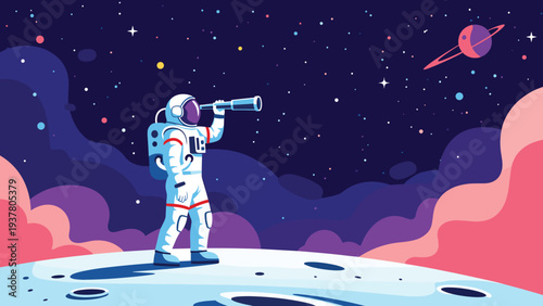 Astronaut in a space suit standing on the lunar surface and using a telescope to observe distant planets and stars in a deep space mission.