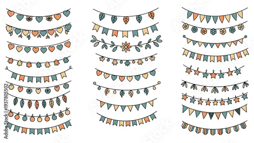 Large set of hand drawn decorative bunting banners with colorful flags hearts leaves and flowers for party celebration and event design graphics.