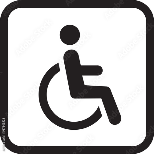 Wheelchair accessible black flat icon. Disabled person vector illustration in simple and recognizable design for accessibility isolated on transparent background. Handicapped access sign or symbol.