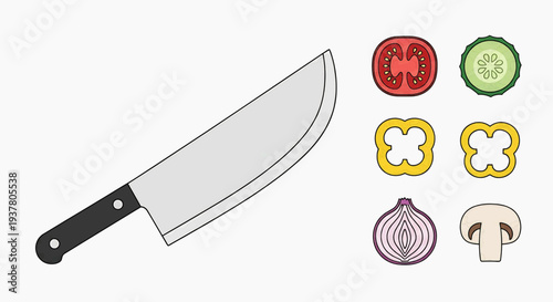 Flat vector illustration showcasing a professional chef's knife accompanied by a vibrant assortment of freshly sliced vegetables, perfect for culinary preparation and healthy cooking concepts