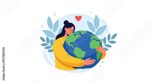 Caring woman lovingly hugging planet Earth with a heart above, symbolizing environmental protection and love for our world.