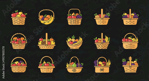 Assortment of charming woven baskets filled with fresh, colorful fruits and produce, perfect for grocery and market themes