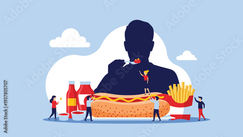 Team of small people preparing a giant hot dog with mustard and fries while a large silhouette of a person eats in the background of the image.