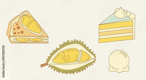 A delectable assortment of durian-inspired treats, featuring a slice of cake, a crepe, a halved durian fruit, and a scoop of ice cream, all rendered in a charming, minimalist style