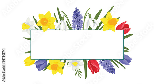 Beautiful rectangular frame decorated with a border of colorful spring flowers including daffodils, tulips, and snowdrops.