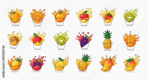 Assorted fruits in bowls, vibrant digital illustrations, close-up view, colorful arrangement, healthy eating depiction
