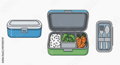 Illustration of lunchbox with healthy meal and utensils viewed from the front