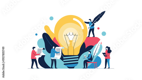 Group of creative writers working around a large glowing light bulb with giant quills and scrolls for an inspiration and creative ideas concept.