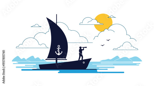 Sailor on a dark blue boat looking through a telescope at the horizon during a sunny day with clouds and mountains in the background scenery.