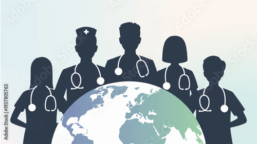 Medical professionals standing together around the globe symbolizing international healthcare and teamwork