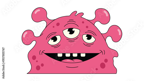 Friendly pink three eyed monster character with a large toothy smile and blobs for a fun and playful creature design for children and kids art.