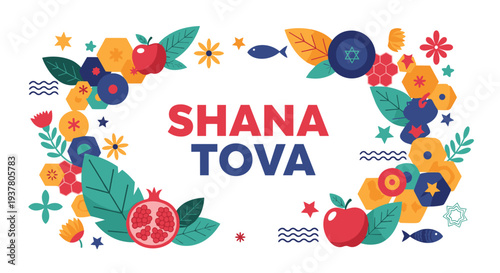 Colorful "Shana Tova" greeting card for Rosh Hashanah, decorated with traditional symbols like pomegranates, apples and fish.