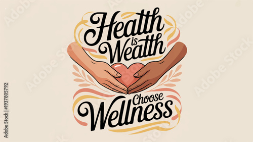 Health is wealth choose wellness typographic illustration with hands forming heart