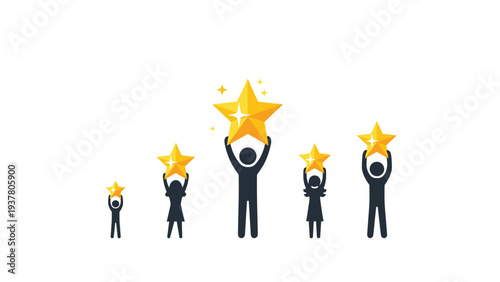Diverse group of silhouetted figures holding up bright yellow stars of varying sizes representing achievement, success, and high ratings.