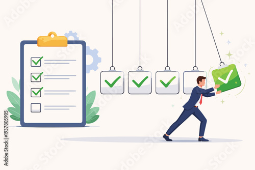 Businessman pushing a green checkmark block in a pendulum setup to complete a task on a large clipboard checklist. Concept of project management, productivity, efficiency, and work momentum.