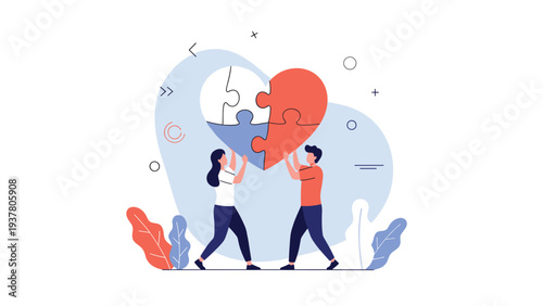 Man and woman working together to assemble large puzzle pieces into a complete heart shape against a soft blue background pattern.