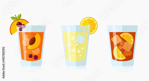 Variety of refreshing drinks with fruits and ice in glasses viewed from the side