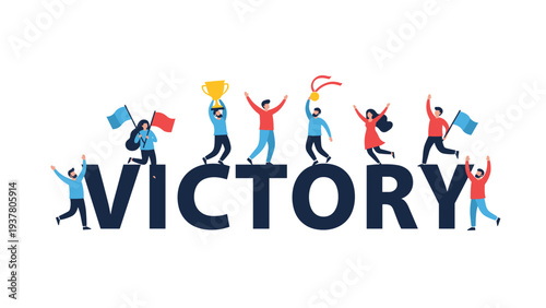 Diverse group of joyful people standing on the letters of the word victory while waving flags and holding a gold trophy and medal.