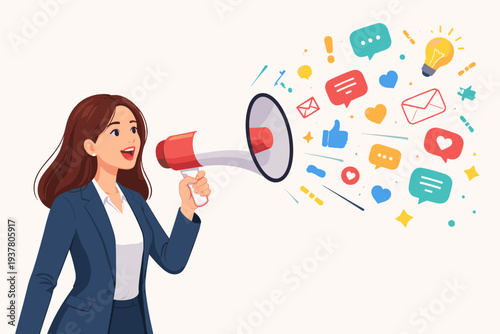 Professional business woman in a suit using a megaphone to broadcast social media icons, likes, and messages. Concept for digital marketing strategy, public relations, and online communication.