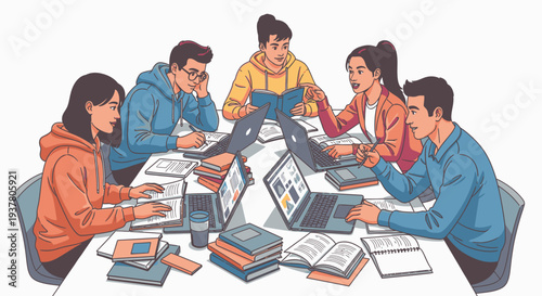 Group of diverse students studying together with laptops and books on a table in a collaborative learning environment with a clean white background.