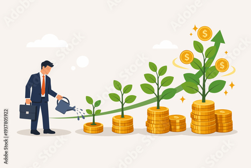 Businessman watering a plant on coins, illustrating compound interest, financial growth, and wealth accumulation. Investment strategy for long-term savings, profit, and business success.