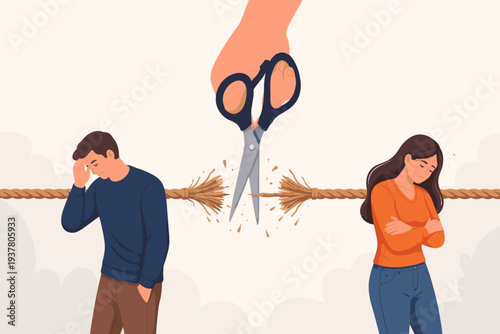 Divorced couple separation of broken marriage and end of relationship concept. Hand using scissors to cut a rope between a sad man and woman. Heartbreak, conflict, and family breakup vector art.
