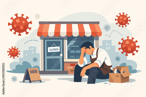 Sad Small Business Owner Sitting Outside Closed Shop Due to Coronavirus COVID-19 Pandemic Impact, Entrepreneur Facing Bankruptcy and Financial Crisis with Storefront and Virus Cells Illustration