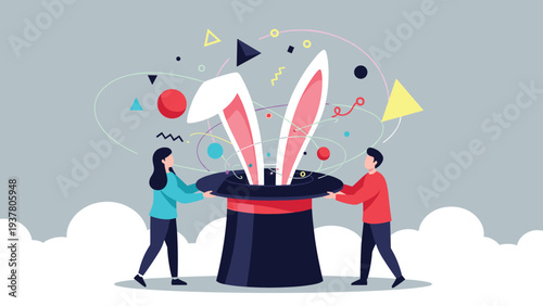 Man and woman working together to pull large white rabbit ears from a classic black top hat surrounded by geometric magic sparks.