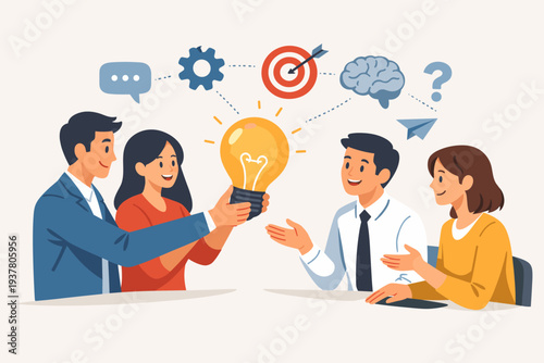 Creative business team collaborating on innovation and brainstorming new ideas with a glowing lightbulb. Professional colleagues sharing intelligence, strategy, and solutions for company success.