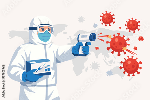 Doctor in Full Protective Gear Fighting COVID-19 Coronavirus World Pandemic Outbreak with Vaccine and Thermometer Gun, Medical Professional in Hazmat Suit Protecting Global Health Illustration