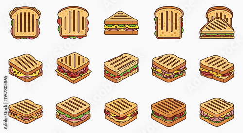Assorted sandwiches arranged in a grid pattern, showcasing various fillings and cuts, vector illustration, food concept, img_qzdg26_fx.svg reference