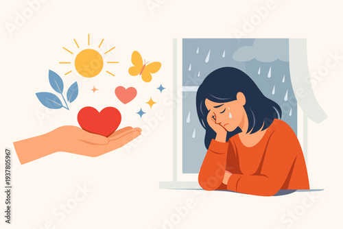 Empathy and compassion concept with a hand offering a heart and positive symbols to a crying woman suffering from depression and anxiety, mental health support and emotional healing vector.